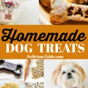 A recipe for homemade healthy dog treats and a white dog holding the biscuit in her mouth.