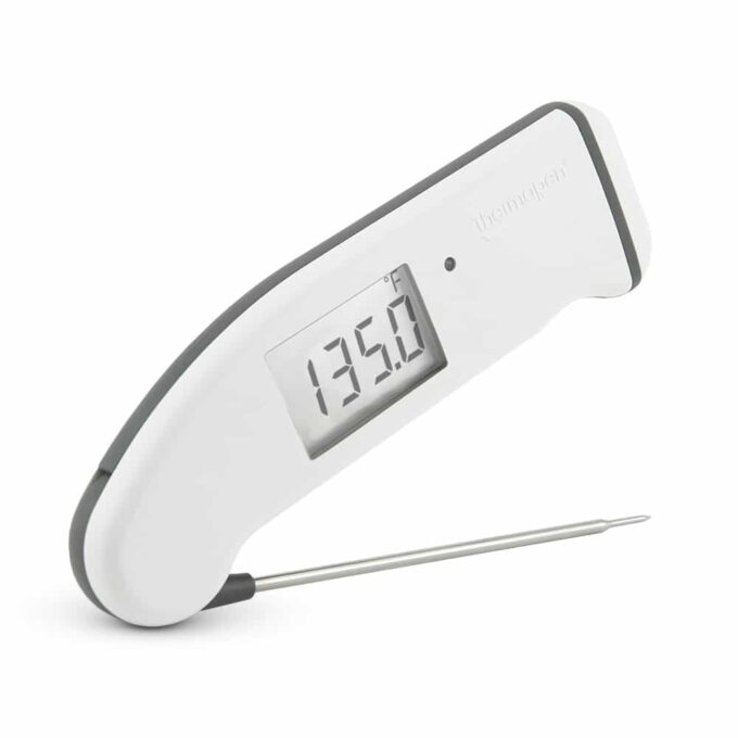A white ThermoWorks Thermapen cooking thermometer.