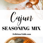 Two pictures of a small wood bowl with all the spices to make Cajun seasoning and mixed into a bowl to use in recipes.