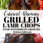 Grilled racks of lamb with grilled watermelon skewers.