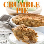 A graphic of a large piece of apple crumble pie on a white plate with a silver fork and the pie plate with half a pie left in the background.