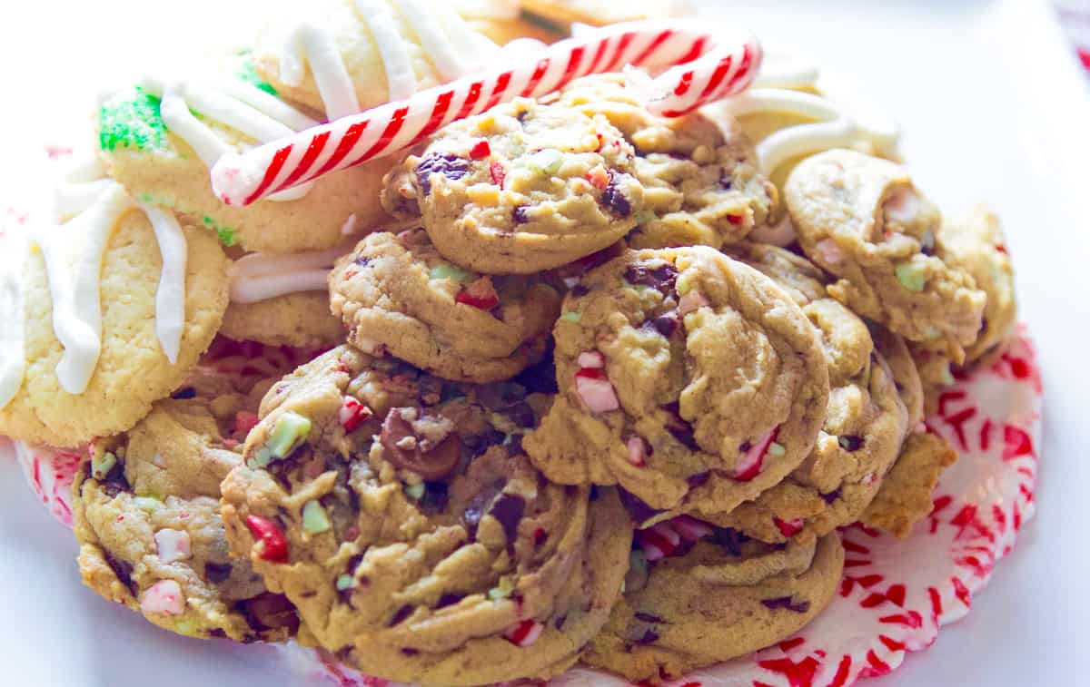 A candy plate for Christmas made from round peppermint candies melted together.