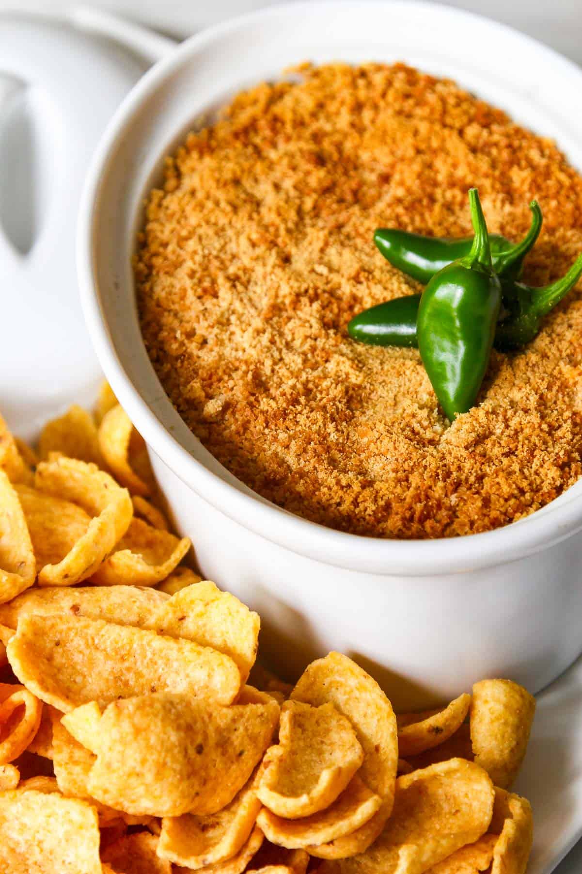 Looking down on golden brown baked hot jalapeno popper dip.