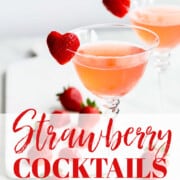 An ad for strawberry cocktails with heart shaped strawberry garnish.