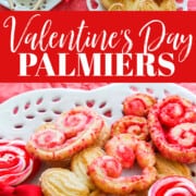 An ad for Valentines Day palmier cookie recipe with heart shaped cookies on a white plate.