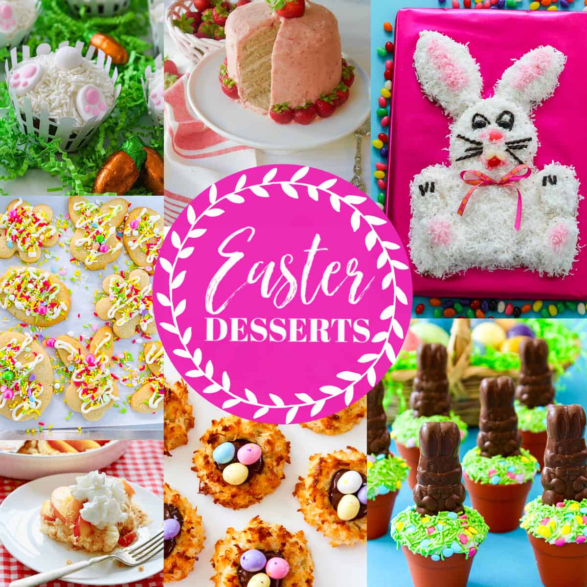 An ad for Easter Dessert recipes showing bright colored bunny cupcakes and Easter bunny cakes and desserts.