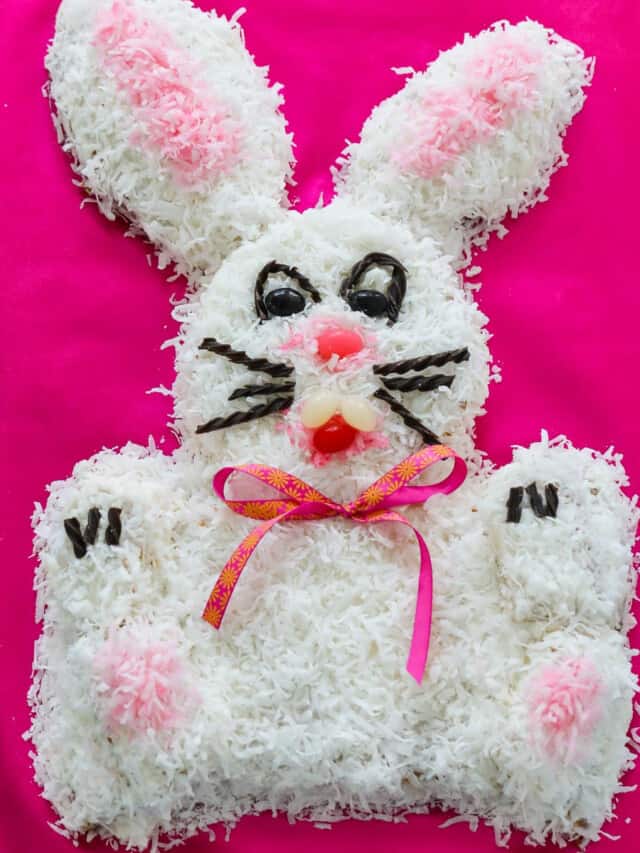 An adorable bunny cake on a hot pink background surrounded with jelly beans.