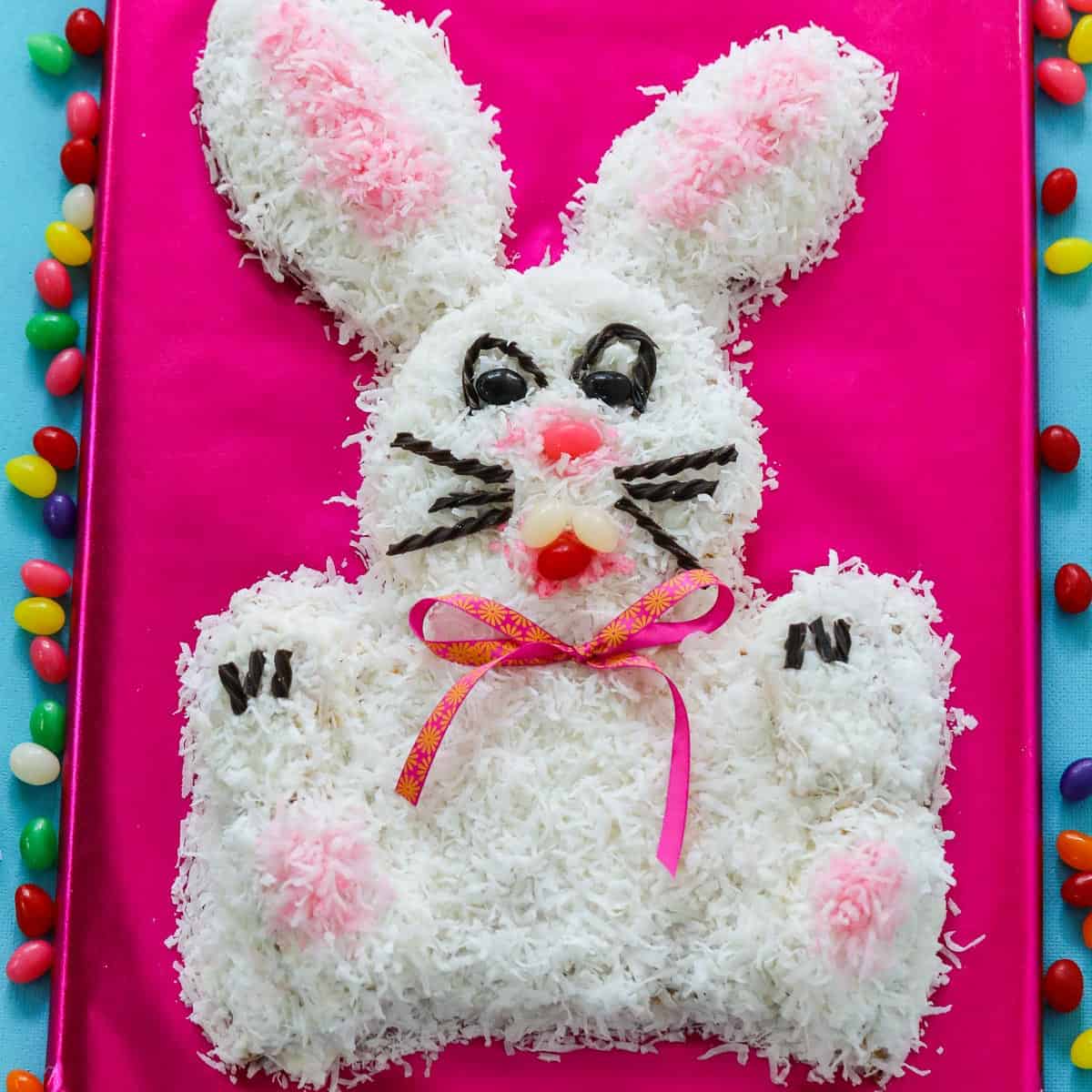 An adorable bunny cake on a hot pink background surrounded with jelly beans.