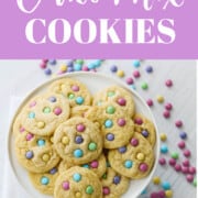 An ad showing a white plate filled with bake cake mix cookies dotted with m&m candies.
