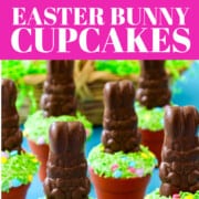 An ad to make a recipe for Chocolate Easter Bunny Cupcakes with green sprinkles.