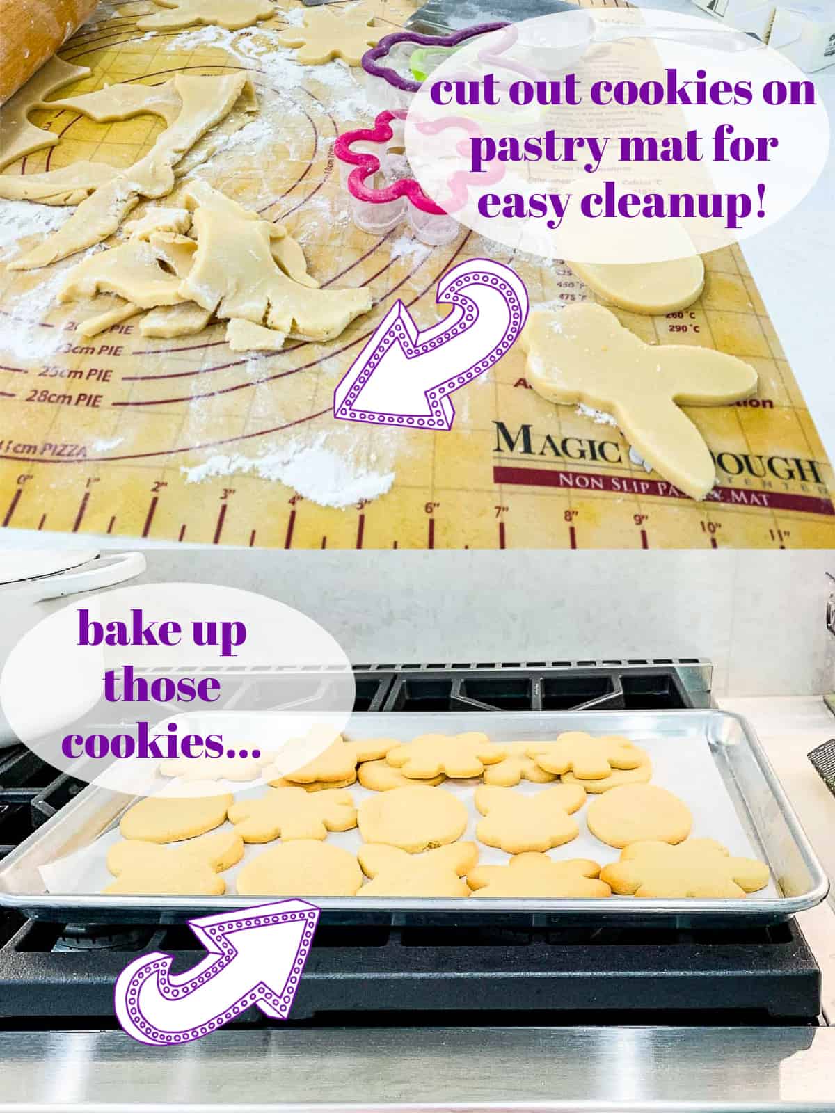 Two steps showing cutting out Easter cookies on a pastry mat and them baked on top of the oven.