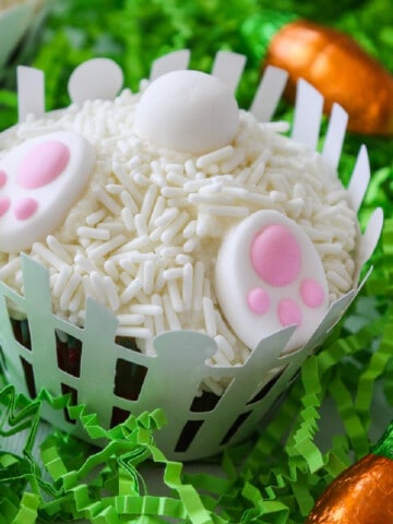 Easter dessert idea, bunny butt cupcakes digging in the garden.