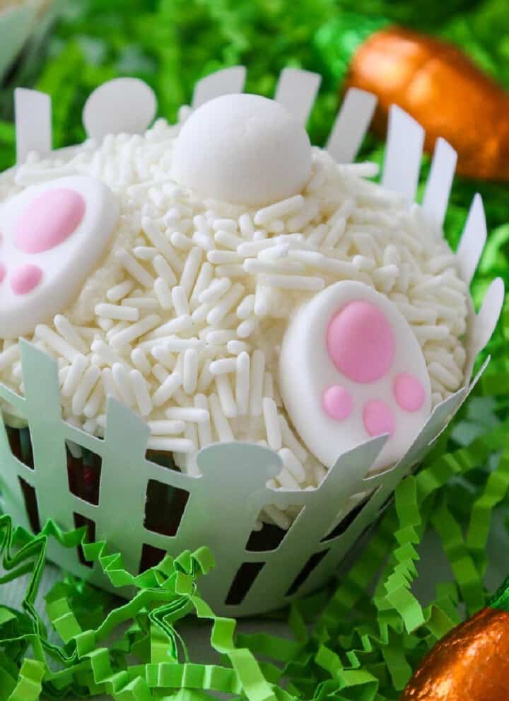 Easter dessert idea, bunny butt cupcakes digging in the garden.