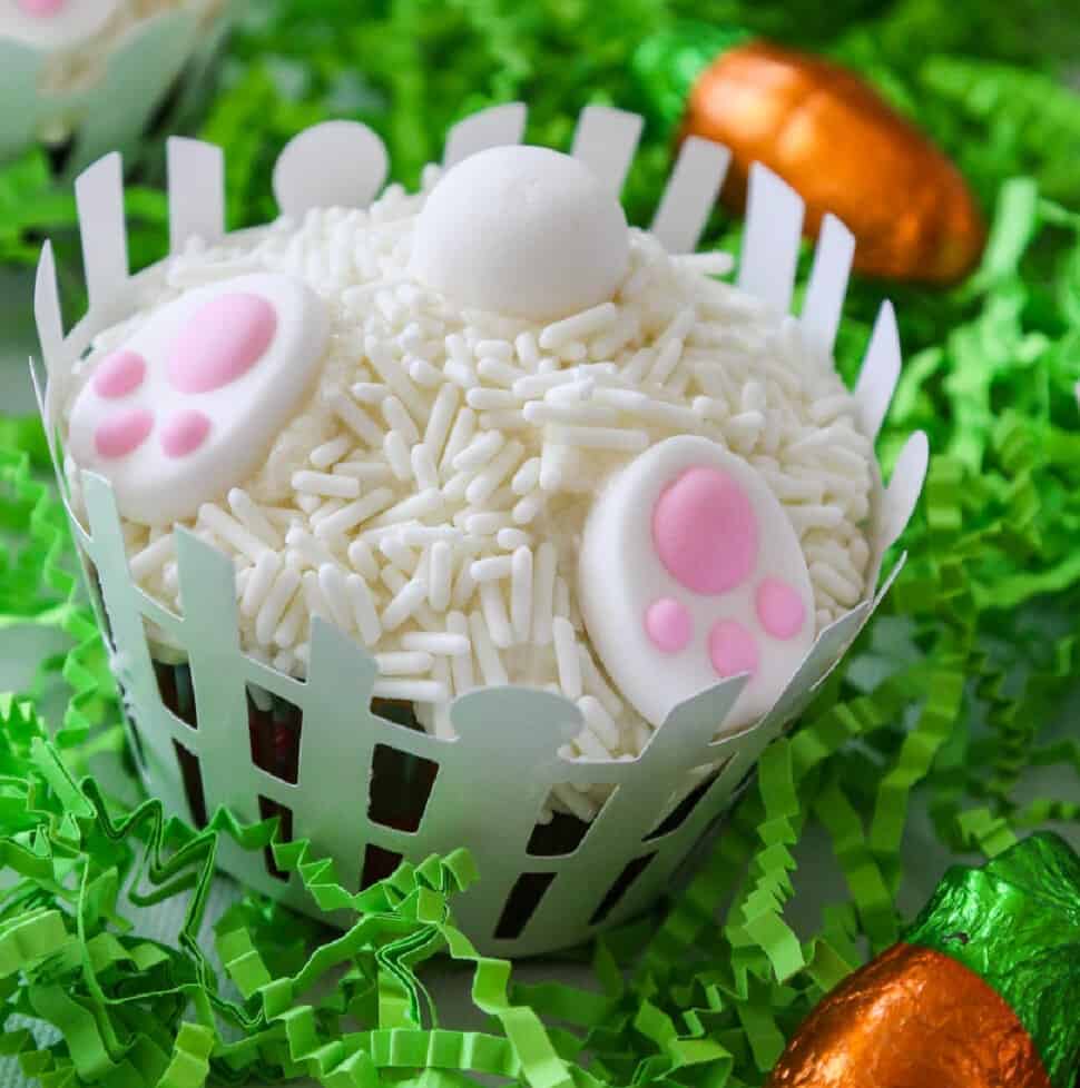 Easter dessert idea, bunny cupcakes digging in the garden.