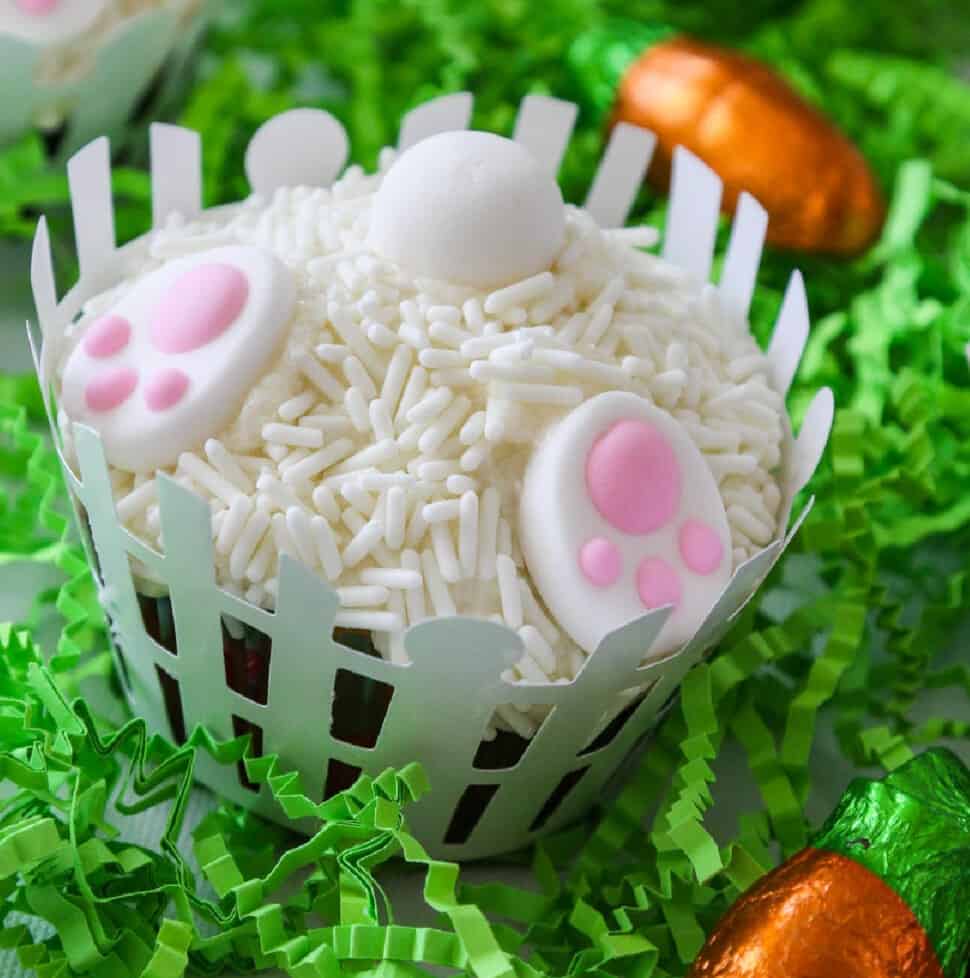 Easter dessert idea, bunny butt cupcakes digging in the garden.