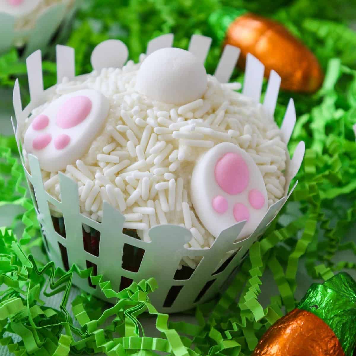 Easter dessert idea, bunny butt cupcakes digging in the garden.