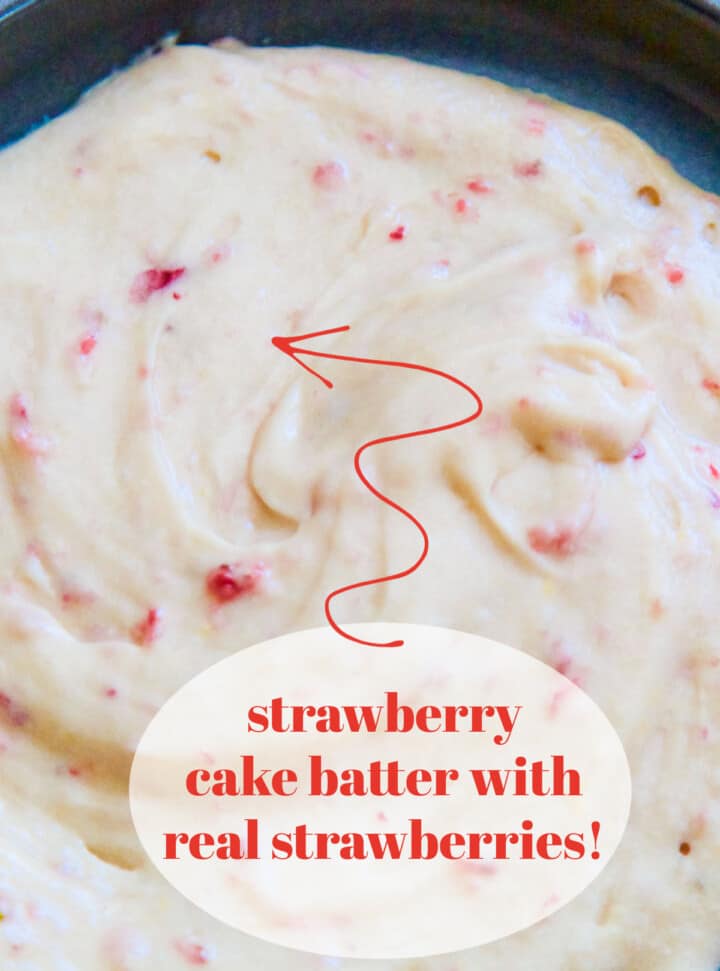 Strawberry Cake batter in a pan ready to bake in the oven.
