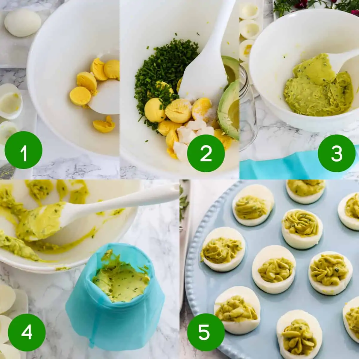 5 Steps to make Easter deviled eggs with garden herbs and edible flowers. 