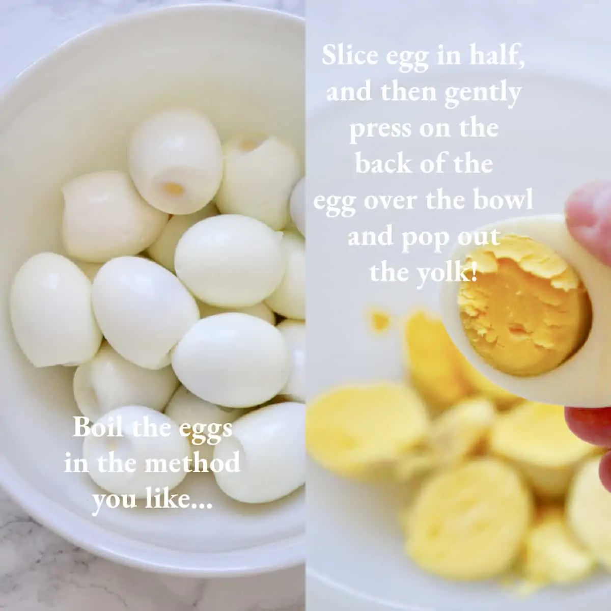 A graphic showing boiled eggs and how to remove yolk from cooked eggs.