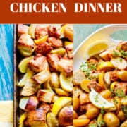 An ad for Sheet Pan Chicken Dinner with photos of the dish just cooked and on a platter.