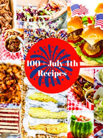 A graphic showing lots of food for July 4th including cheeseburgers, corn, and baked beans.