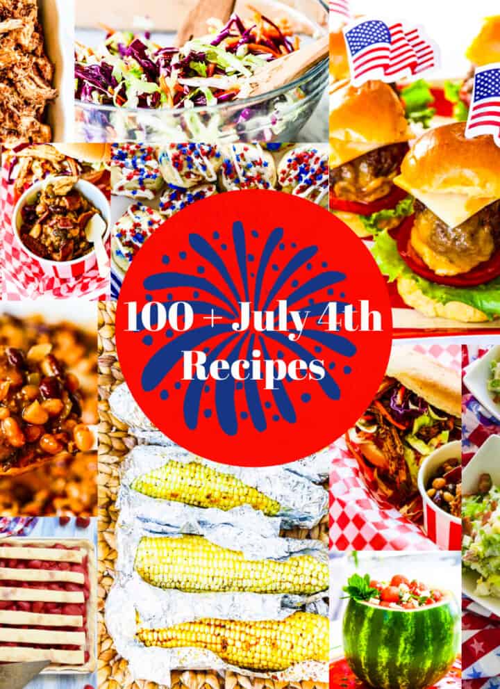 A graphic showing lots of food for July 4th including cheeseburgers, corn, and baked beans.