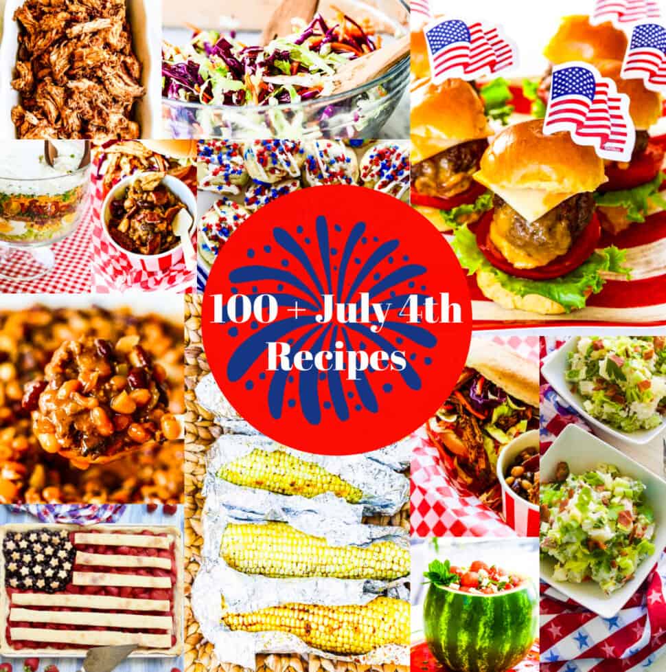 A graphic showing lots of food for July 4th including cheeseburgers, corn, and baked beans.