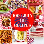 A collage of American July 4th food with red white and blue pies, cakes, and cookout food.