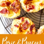 A graphic for Brie and Bacon Mini Quiche on a vintage wire rack.