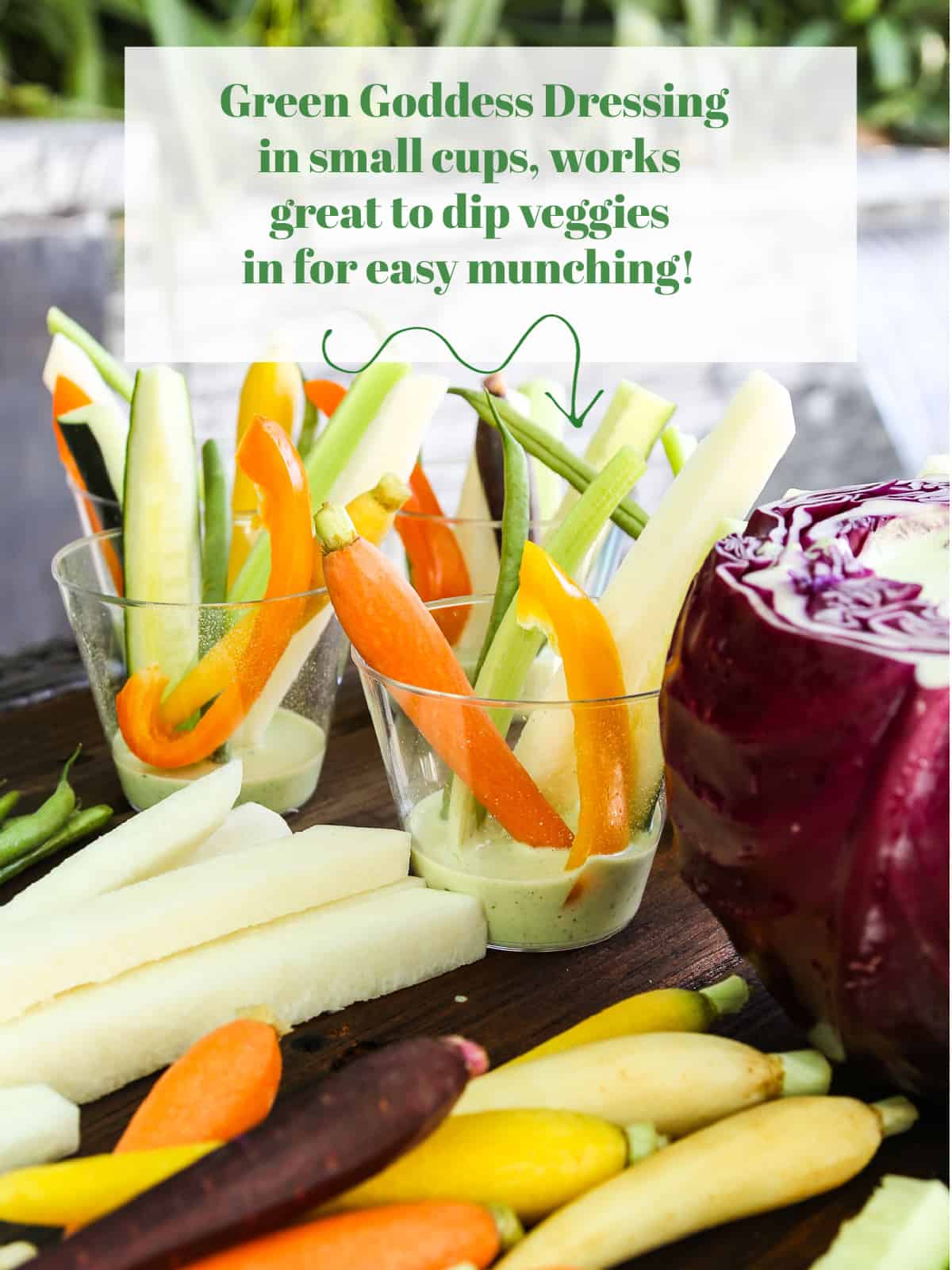 A graphic showing how to put dip in small clear cups to dip veggies in a a party. 