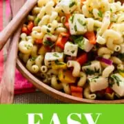 A graphic for pasta salad with wooden salad tongs.