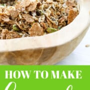 A graphic on how to make granola with a wooden bowl filled and spoon filled with granola.