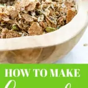 A graphic on how to make granola with a wooden bowl filled and spoon filled with granola.
