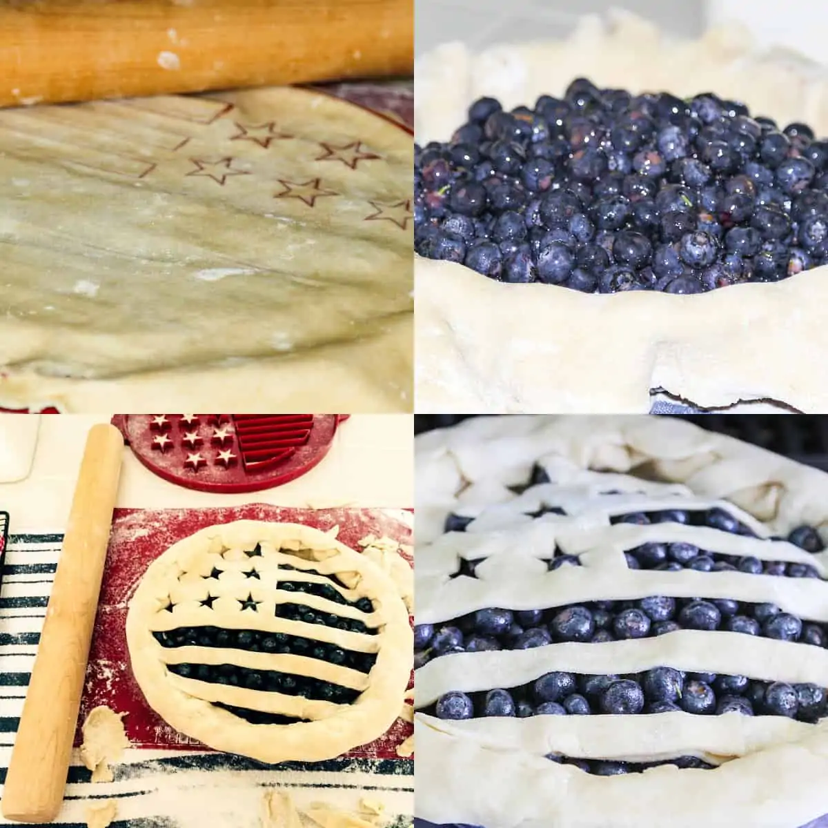 A graphic showing steps 5-8 of baking a blueberry pie with an American flag crust.