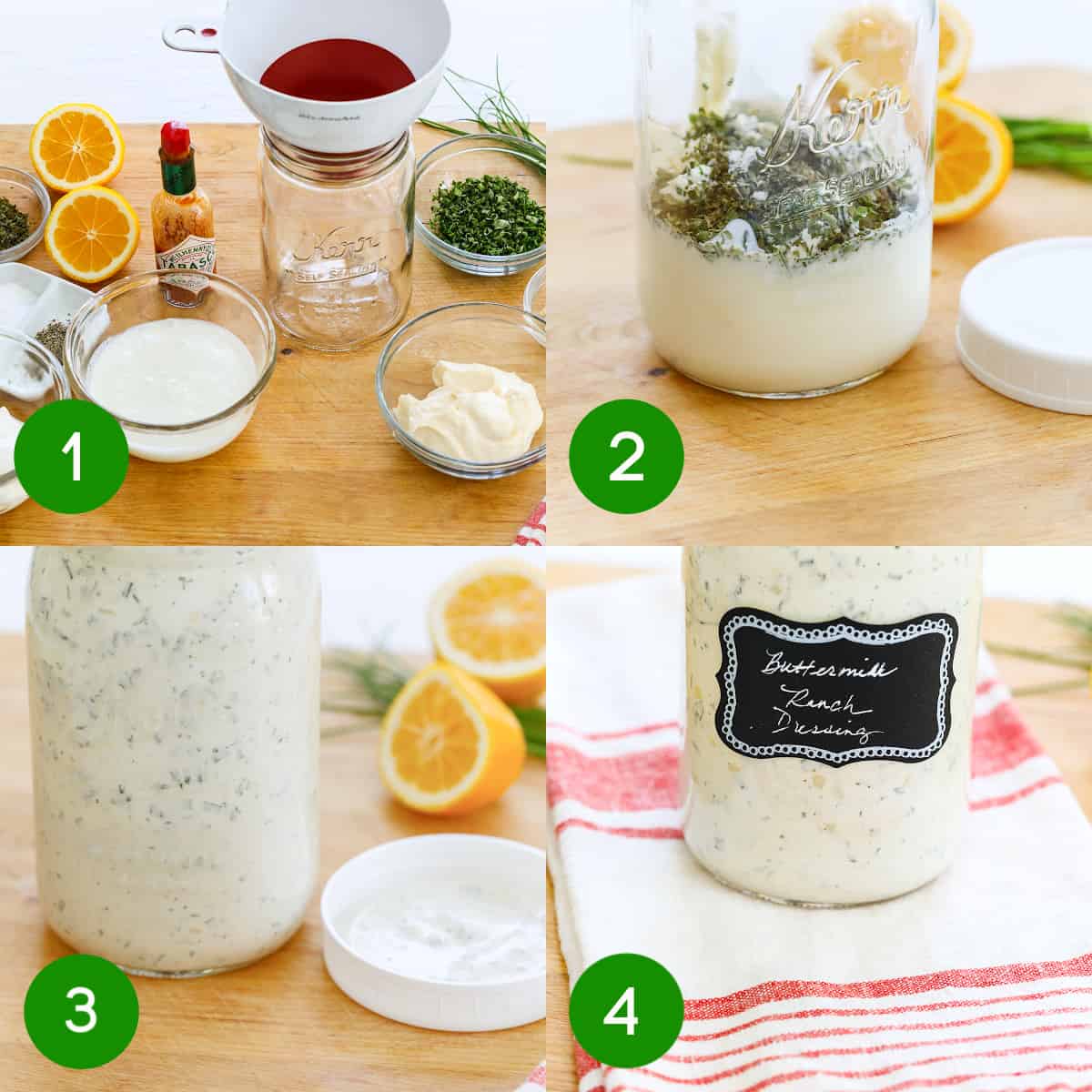 A graphic with four steps numbered to make ranch dressing in a mason jar.