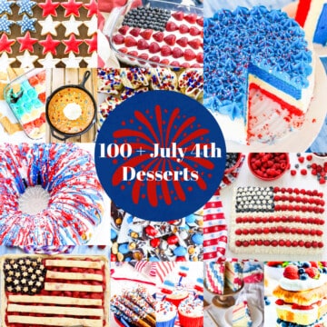 A graphic loaded with July 4th desserts with red white and blue cakes, pies, and treats.