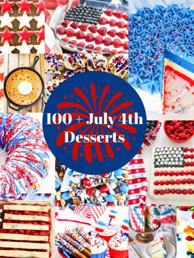 A graphic loaded with July 4th desserts with red white and blue cakes, pies, and treats.