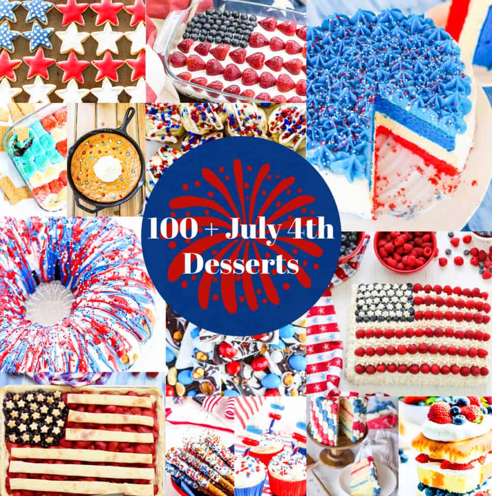 A graphic loaded with July 4th desserts with red white and blue cakes, pies, and treats.