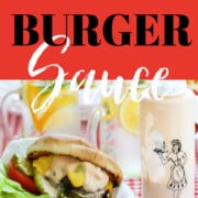 A graphic showing messy grilled burgers and for the recipe to make them.