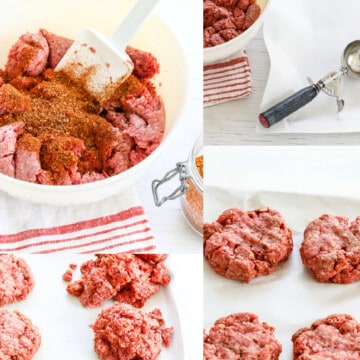 The steps to season hamburgers, with them shaped on parchment paper as burgers before grilling.