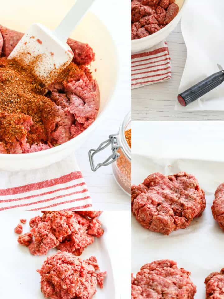 The steps to season hamburgers, with them shaped on parchment paper as burgers before grilling.