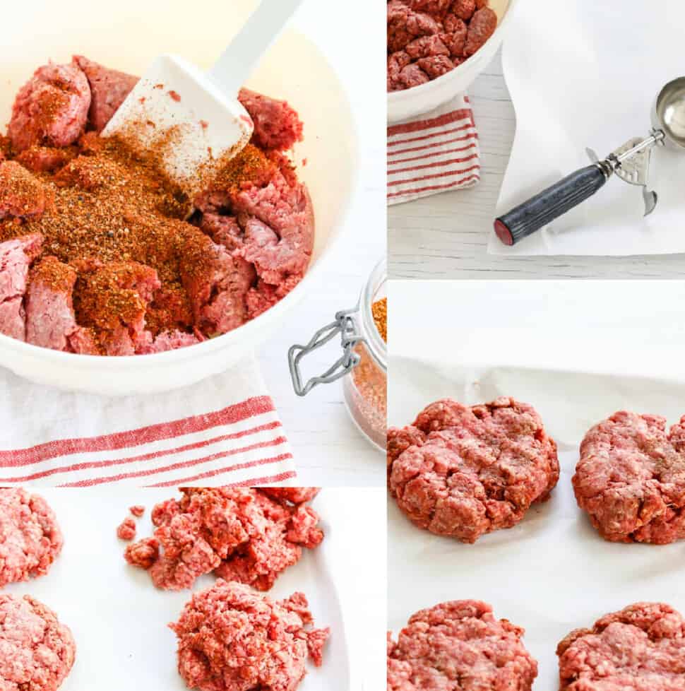 The steps to season hamburgers, with them shaped on parchment paper as burgers before grilling.