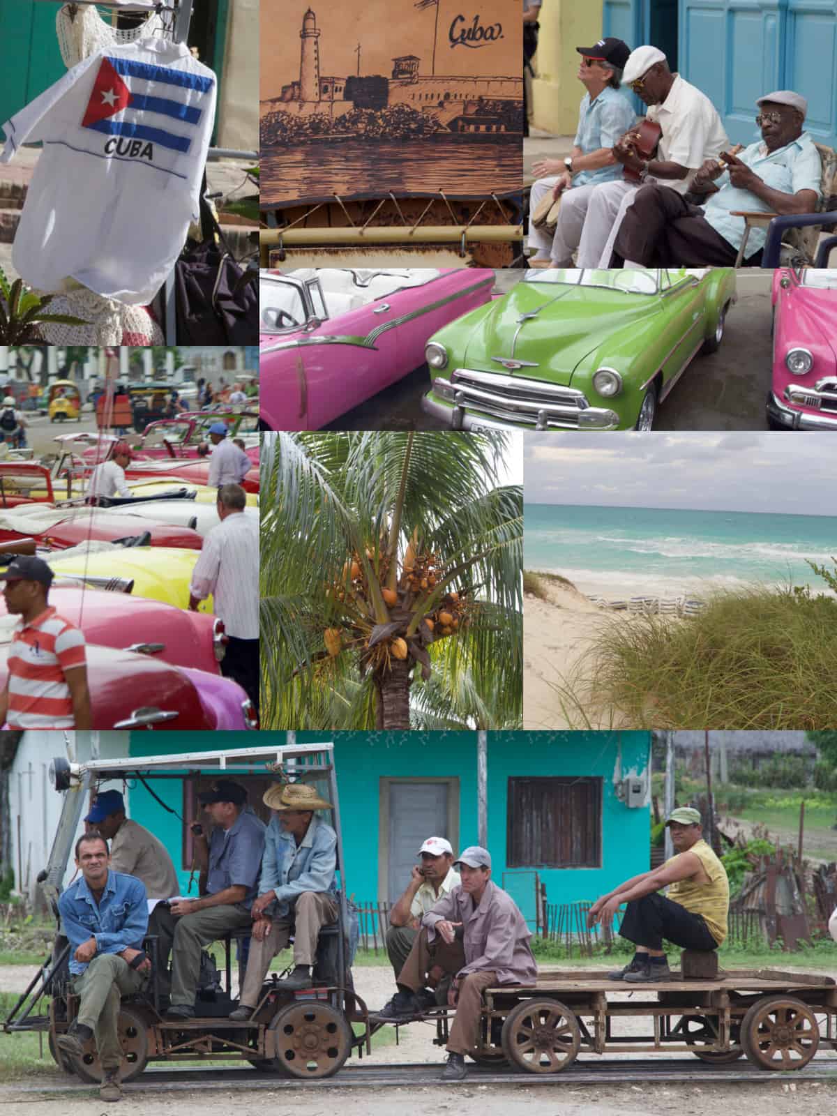 A travel photo collage of Cuba with cars, a palm tree, the beach and people with cars.