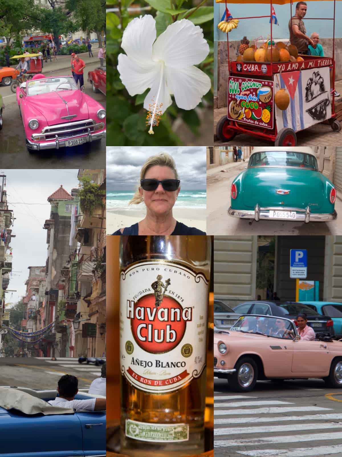 A travel collage of photos of Cuba with cars, rum, flowers and the city of Havana.