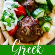 A graphic for Greek Gyros with lamb meatballs on a pita with tomato and cucumber.