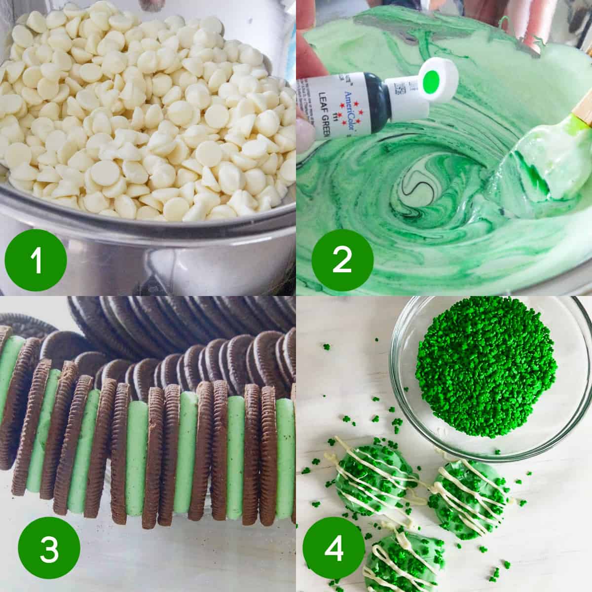 4 step by step images showing how to make green oreos for St Patricks Day.