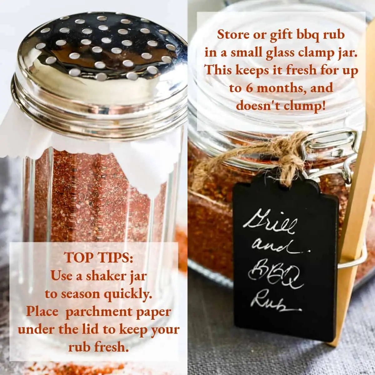 A graphic showing how to put dry rub in a shaker jar or clamp jar to use in cooking.
