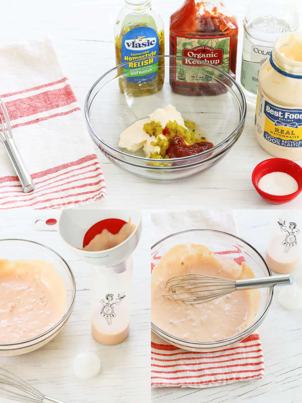 Mixing ingredients in a glass bowl to make Burger Sauce for grilled burgers.