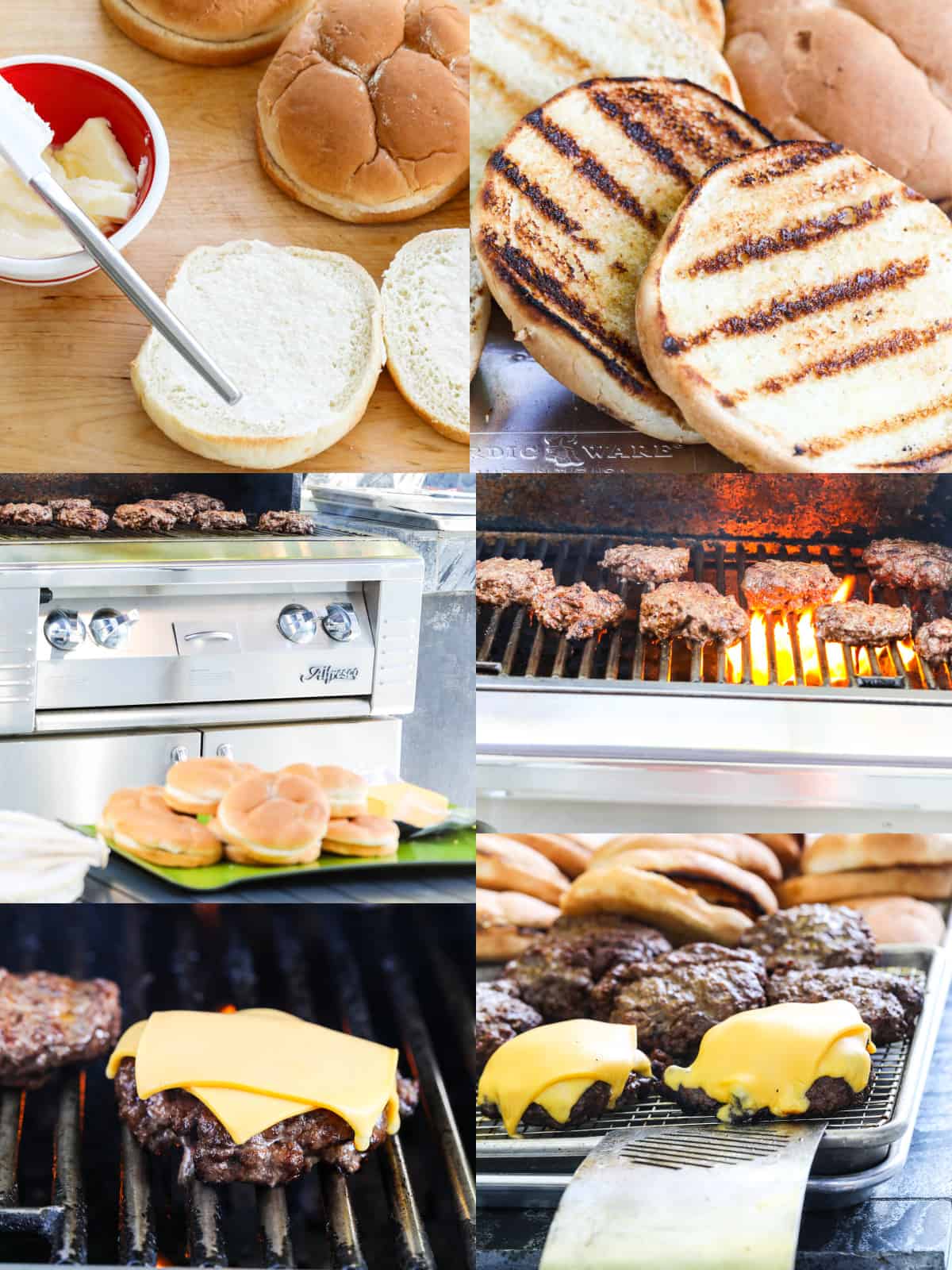 A graphic showing how to butter and toast hamburger buns and grill the patties on a grill with American cheese.