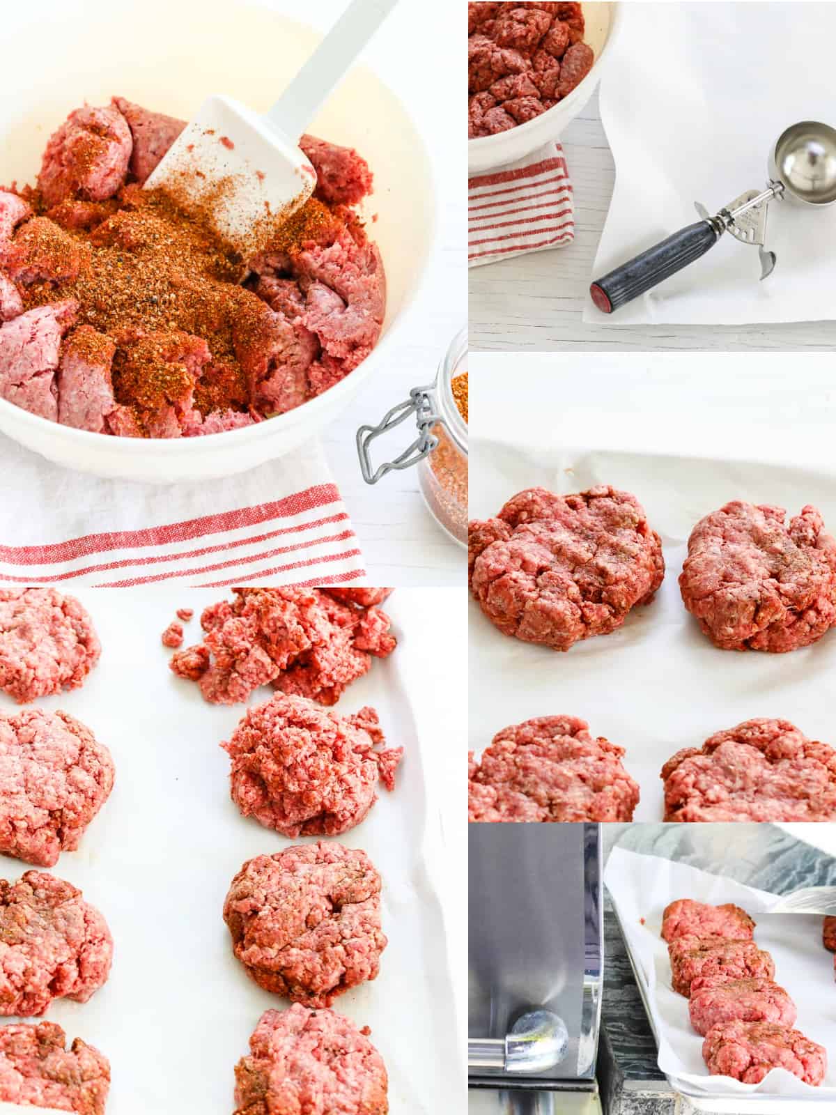 Showing how to mix the grill and BBQ rub into ground beef for hamburger patties on the grill.
